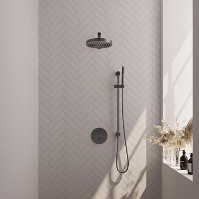 Brauer Stripe thermostatische inbouw regendouche 3-weg rond SET 43 met 25 cm douchekop en rechte muurarm en staaf handdouche en doucheslang en geintegreerde glijstang gunmetal geborsteld PVD
