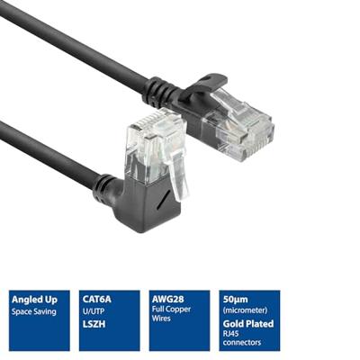 ACT Zwarte 5 meter U/UTP CAT6A LSZH slimline patchkabel met RJ45 connectoren. recht naar 90° haaks - thumbnail