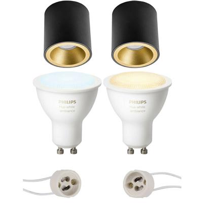 Pragmi Cliron Pro - Opbouw Rond - Mat Zwart/Goud - Verdiept - Ø90mm - Philips Hue - Opbouwspot Set GU10 - White Ambiance - Bluetooth