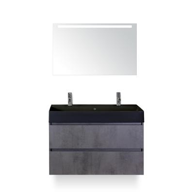 Maxx XL Badmeubelset 100 cm - Beton Antraciet - Wastafel Kube Zwart 2 kraangaten - met LED Spiegel