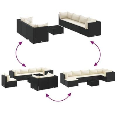8-delige Loungeset met kussens poly rattan zwart