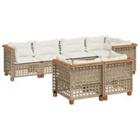 7-delige Loungeset met kussens poly rattan beige - thumbnail