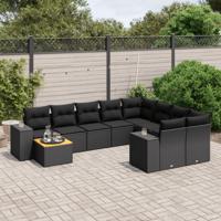 10-delige Loungeset met kussens poly rattan zwart - thumbnail