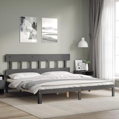 Bedframe met hoofdbord massief hout grijs 200x200 cm