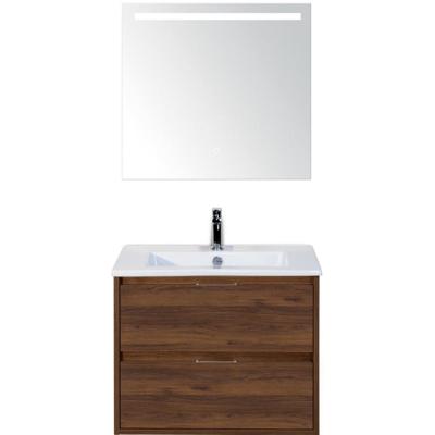 Porto Badmeubelset 70 cm - Walnoot - Keramische Wastafel Wit Slim met Sence Spiegel