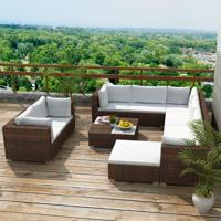 10-delige Loungeset met kussens poly rattan bruin - thumbnail