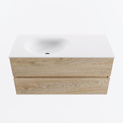 MONDIAZ VICA 100cm badmeubel onderkast Washed Oak 2 lades. Wastafel MOON links zonder kraangat, kleur Talc.