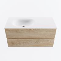 MONDIAZ VICA 100cm badmeubel onderkast Washed Oak 2 lades. Wastafel MOON links zonder kraangat, kleur Talc. - thumbnail
