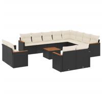 12-delige Loungeset met kussens poly rattan zwart - thumbnail