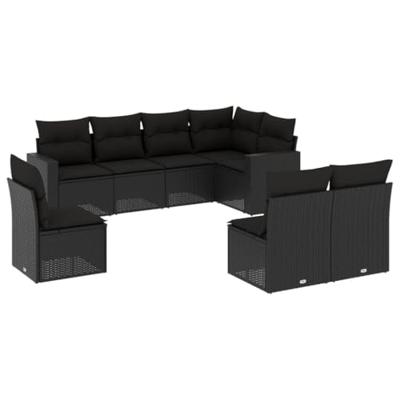 8-delige Loungeset met kussens poly rattan zwart
