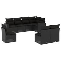 8-delige Loungeset met kussens poly rattan zwart - thumbnail