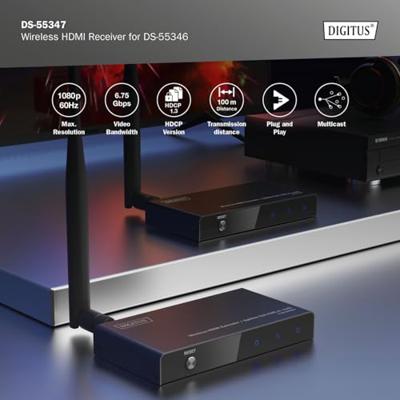 Digitus DS-55347 HDMI-ontvanger 100 m 5 GHz 1920 x 1080 Pixel Geïntegreerde LED-weergave, Met loop-functie, Veilige draadloze overdracht Digitus DS-55347 HDMI-ontvanger 100 m 5 GHz 1920 x 1080 Pixel Geïntegreerde LED-weergave, Met loop-functie, Veilige draadloze overdracht