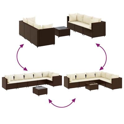 7-delige Loungeset met kussens poly rattan bruin
