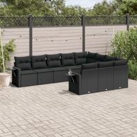 10-delige Loungeset met kussens poly rattan zwart - thumbnail