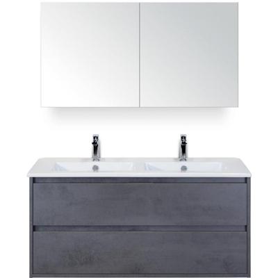 Porto Badmeubelset 120 cm - 2 Laden Beton Antraciet - Keramische Wastafel Wit Slim met Spiegelkast
