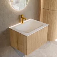 Mondiaz KURVE 60 cm Onderkast Greeploos 1 Lade Zonder Deuren Oak, Wastafel Solid Surface Midden Talc 1 Kraangat Zonder Spiegel (KRVCLO601L0D1KM-Oak/Tal) - thumbnail