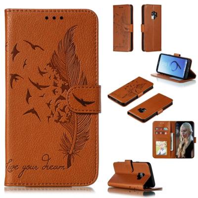 Feather patroon Litchi textuur horizontale Flip lederen draagtas met portemonnee & houder & kaartsleuven voor Galaxy S9 (bruin)