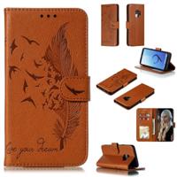 Feather patroon Litchi textuur horizontale Flip lederen draagtas met portemonnee & houder & kaartsleuven voor Galaxy S9 (bruin) - thumbnail