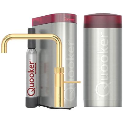 Quooker Fusion Square Keukenkraan Set - Kokend Warm- en Koud Water - Goud - Inclusief COMBI+ Reservoir & CUBE - Direct Gekoeld Bruisend Water
