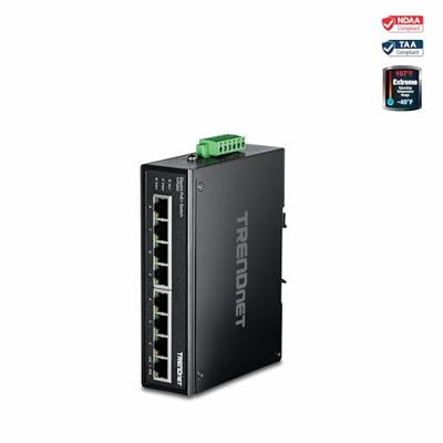 TRENDnet 8-poorts geharde industriële onbeheerde gigabit PoE+ DIN-railschakelaar, TI-PG80, 200W volledig PoE+ stroombudget, 16 Gbps schakelcapaciteit, IP30-nominale netwerkschakelaar, levenslange
