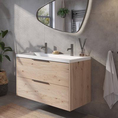 Saqu Lima badmeubel incl. mat witte wastafel met 2 kraangaten 100x52x64cm naturel eiken - geborsteld zwarte greep