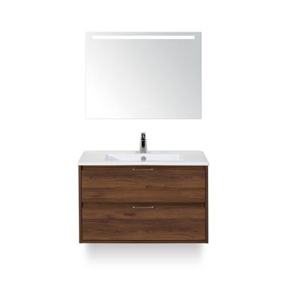 Porto Badmeubelset 90 cm - Walnoot - Keramische Wastafel Wit Slim - met Sence Spiegel