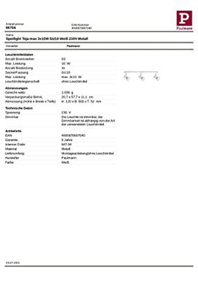 Paulmann Teja 66704 Plafondspot LED GU10 30 W Wit
