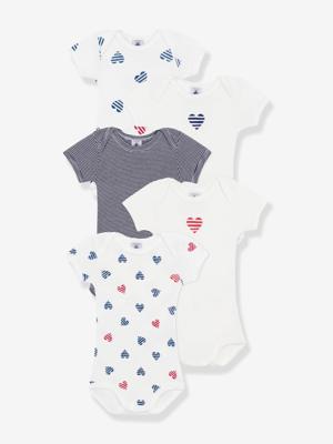Set van 5 baby-body's met korte mouwen en gestreepte hartjes PETIT BATEAU wit