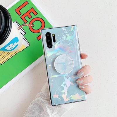 TPU glanzende Laser marmeren kleurrijke mobiele telefoon beschermende case met opvouwbare beugel voor Galaxy Note10 + (blauw)