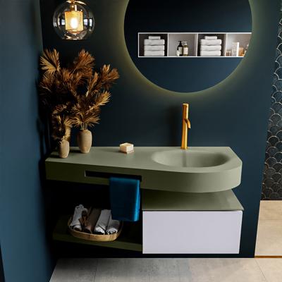 MONDIAZ RIVA 120cm badmeubel onderkast / planchet kleur Cale met 1 lade. Wastafel DULCET rechts 1 kraangat kleur Army.