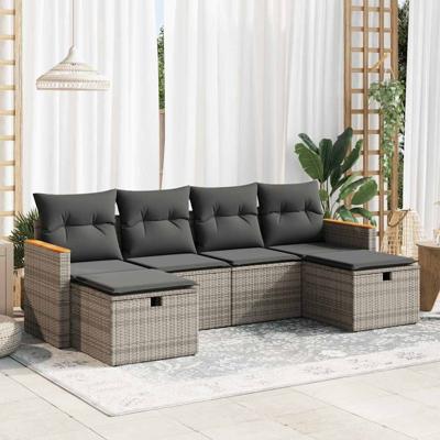 6-delige Loungeset met kussens poly rattan grijs - thumbnail