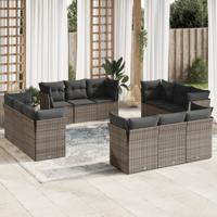 12-delige Loungeset met kussens poly rattan grijs - thumbnail