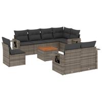 9-delige Loungeset met kussens poly rattan grijs - thumbnail