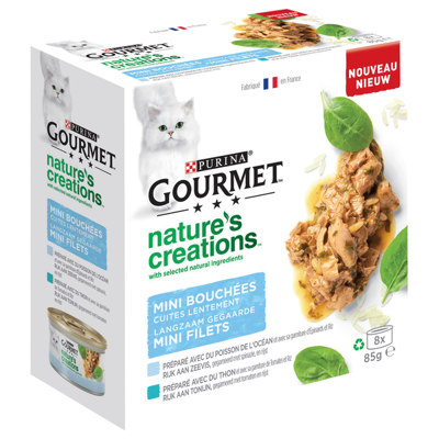 GOURMET Nature's Creations Mini Filets, rijk aan Zeevis, gegarneerd met spinazie en rijst, Rijk aan Tonijn, gegarneerd met rijst en tomaten? nat kattenvoer, 85g