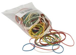 Q-CONNECT elastieken, breedte 1,5 mm, verschillende lengtes, 25 g, geassorteerde kleuren