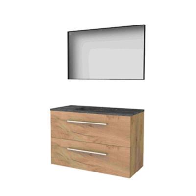 Basic-Line Framed 46 Badkamermeubelset - 100 x 46 cm - Met Grepen - 2 Lades - Hardstenen Wastafel - Zonder Kraangat - Spiegel met Zwart Aluminium Frame - Whisky Oak