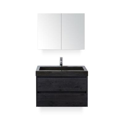 Dante Badmeubelset 80 cm - Black Oak - Wastafel Hardsteen Wit Lucca - met Spiegelkast