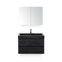 Dante Badmeubelset 80 cm - Black Oak - Wastafel Hardsteen Wit Lucca - met Spiegelkast - thumbnail