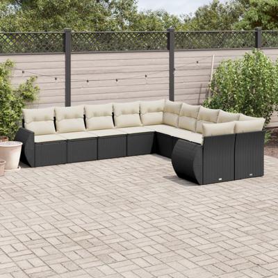 10-delige Loungeset met kussens poly rattan zwart - thumbnail