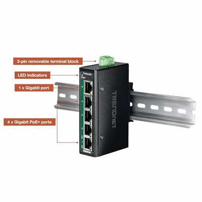 TRENDnet TI-PGLC50 5-poorts Gigabit PoE+ industriële DIN-rail Mini Switch
