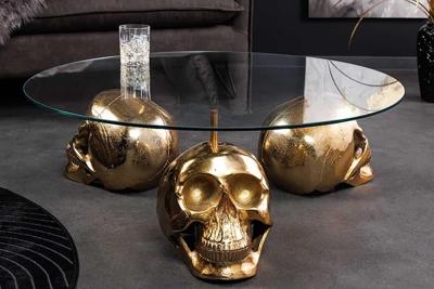 Design salontafel SKULL XXL 90cm goud rond glazen blad metalen schedel handgemaakt - 43496