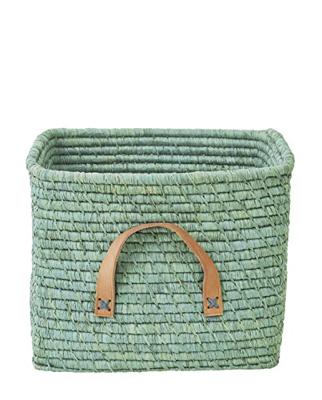 Raffia mand met muntkleurige leren handgrepen rice mintgroen Raffia mand met muntkleurige leren handgrepen rice mintgroen