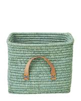 Raffia mand met muntkleurige leren handgrepen rice mintgroen - thumbnail