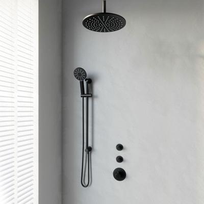 Black Edition thermostatische inbouw regendouche SET 24 - 30 cm douchekop, plafondarm, 3-standen handdouche, doucheslang, en geïntegreerde glijstang (mat zwart)
