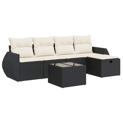 6-delige Loungeset met kussens poly rattan zwart