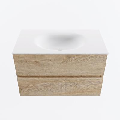 MONDIAZ VICA 80cm badmeubel onderkast Washed Oak 2 lades. Wastafel MOON midden zonder kraangat, kleur Talc.