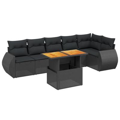 7-delige Loungeset met kussens poly rattan zwart