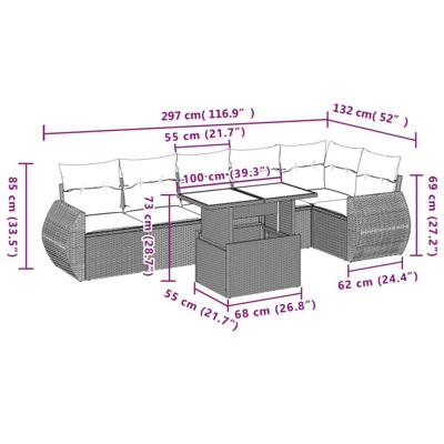 7-delige Loungeset met kussens poly rattan grijs - thumbnail