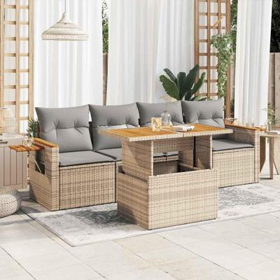 5-delige Loungeset met kussens poly rattan en acaciahout beige