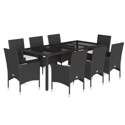 9-delige Tuinset met kussens poly rattan en glas zwart - thumbnail